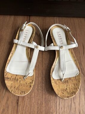 Lauren Ralph Lauren White Leather T-Strap Cork-Style Sandals